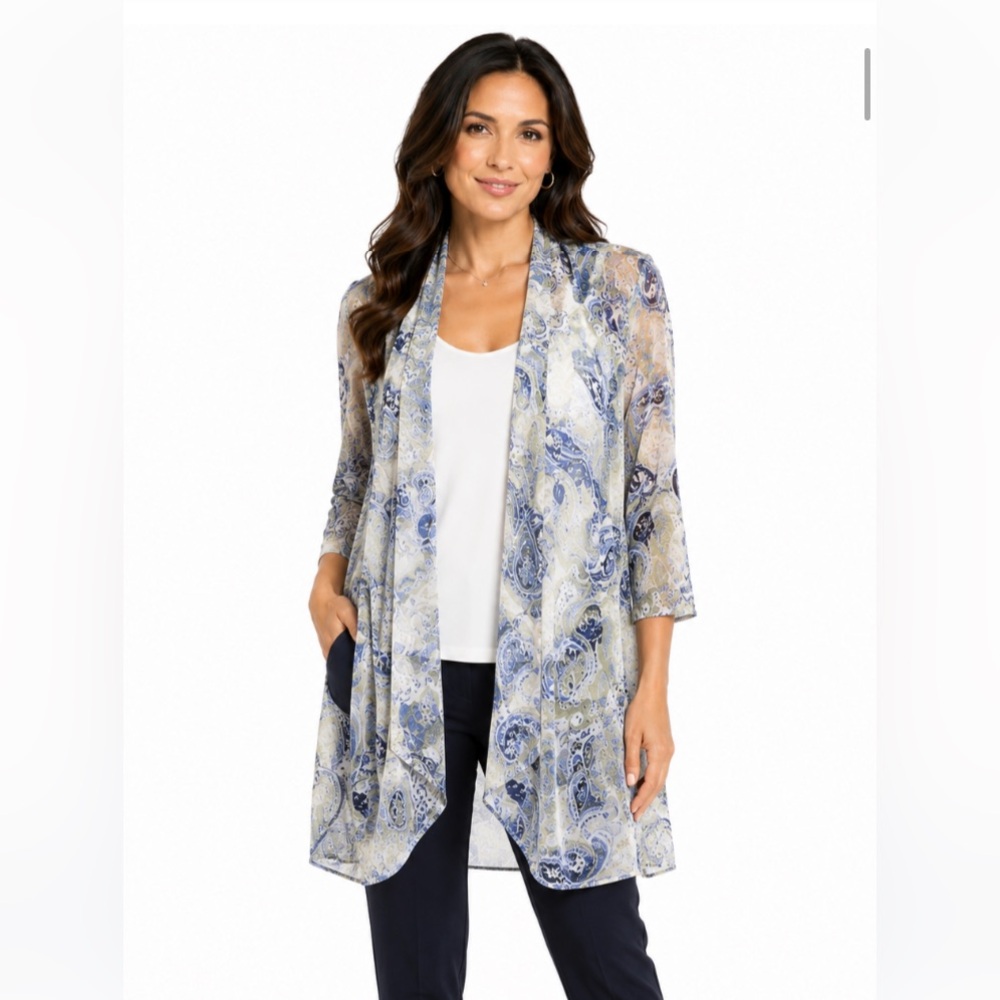 2/$30 Chico’s Sheer Paisley Open Front Jacket Blue Cream Duster 3/4 Sleeve Sz1/M